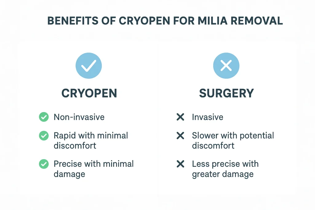 Benefits of cryopen for milia removal Wheathampstead compared to surgical treatments.