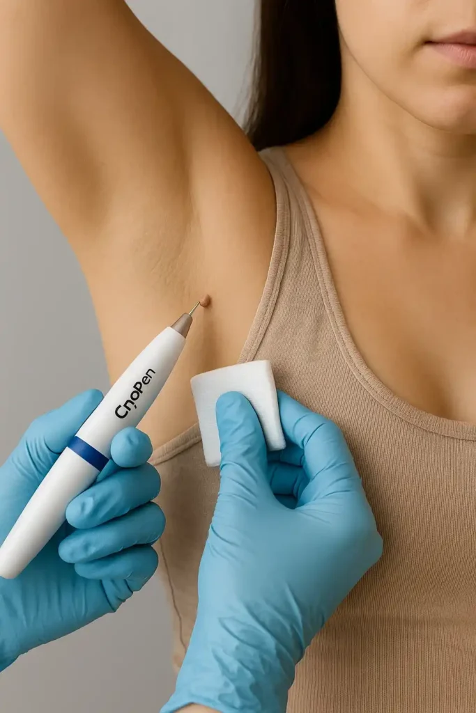woman having cryopen to remove underarm skin tags Wheathampstead