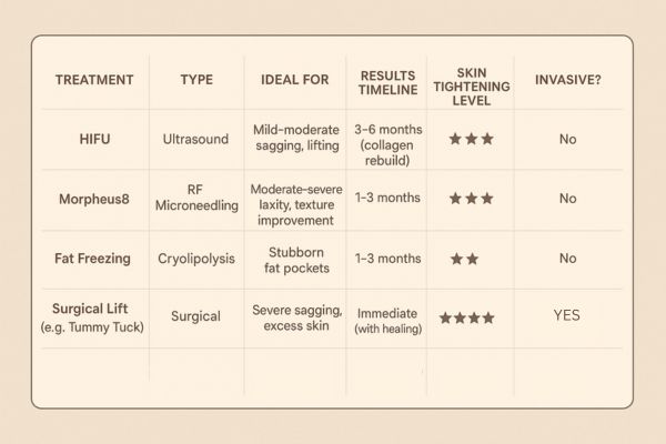 Table showing the comparisons of Skin tightening Wheathampstead treatment options.